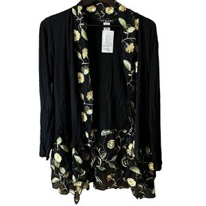 Kim & Cami Black Cardigan with Yellow Floral Embroidery Boho Lace Size Medium